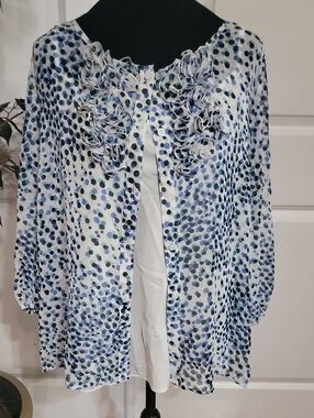 East 5th Blue and White Polka Dot Ruffle Front Blouse